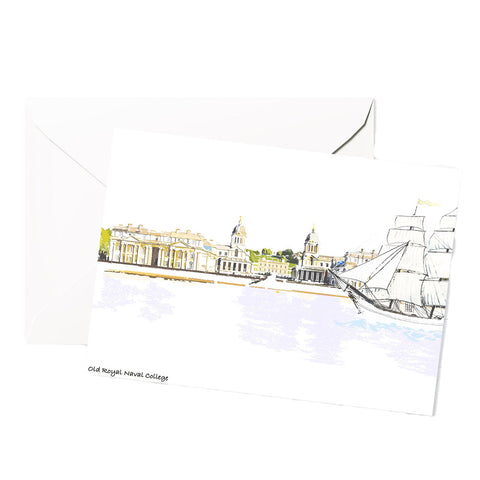 Card featuring a watercolour painting of the Royal Naval College and a ship on the Thames.