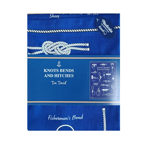 Blue and white knots tea towel in packaging.