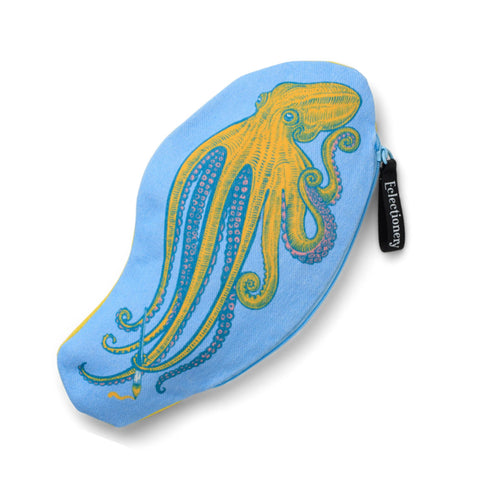 Blue pouch with a yellow octopus design on a white background