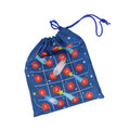 Blue drawstring bag with space-themed design on a white background