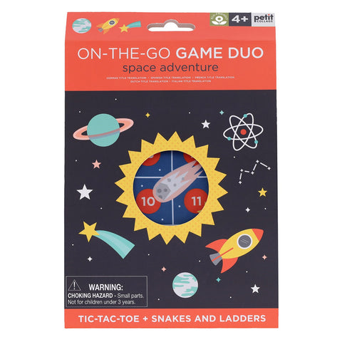 Space-themed game duo packaging with colorful illustrations on a white background