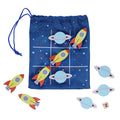 Space-themed drawstring bag with rocket and planet designs, accompanied by matching toys on a white background.
