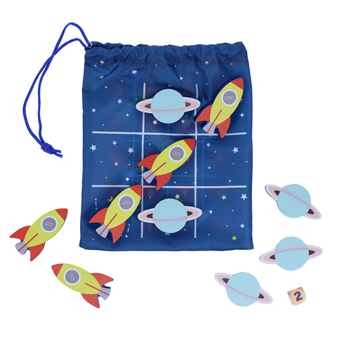 Space-themed drawstring bag with rocket and planet designs, accompanied by matching toys on a white background.