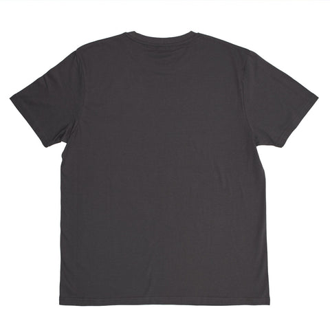 Back view of a dark grey t-shirt. The back is plain. 