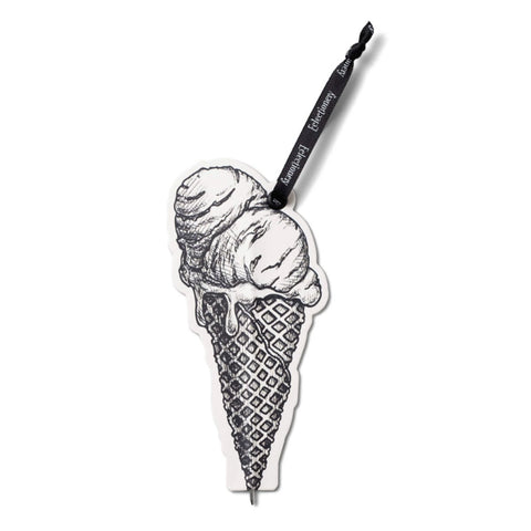 Ice cream cone-shaped pen with a black and white design on a white background