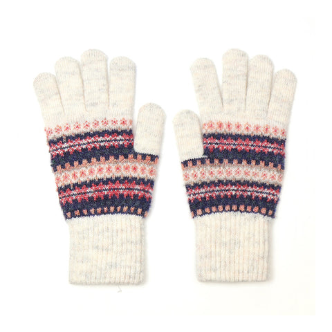 Cream gloves with pink, coral and blue Fair Isle design.