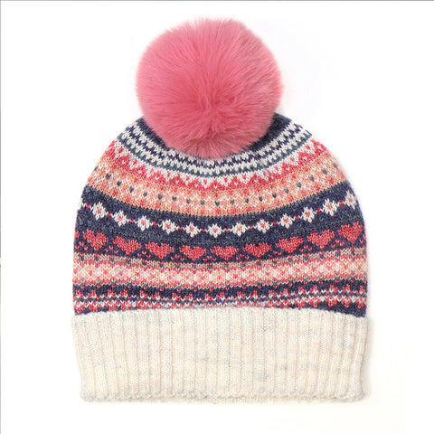 Cream, navy, pink and coal knitted hat with large pink pompom.