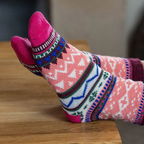 Coral, navy blue and pink mix Nordic pattern socks.