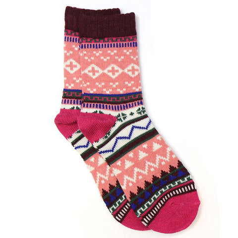 Coral, navy blue and pink mix Nordic pattern socks.