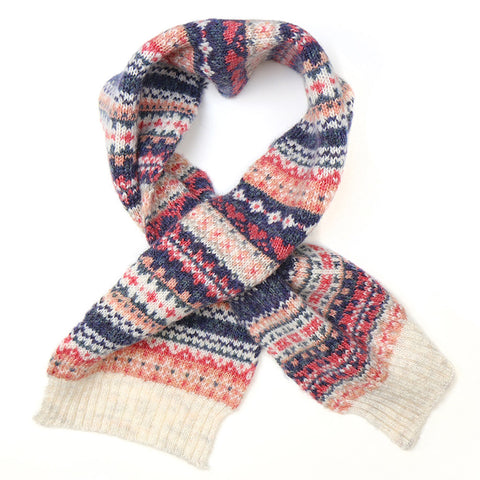 Fair Isle patterned scarf in creams, pink and blue.