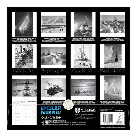 Polar Museum calendar with black and white images of polar landscapes and objects.