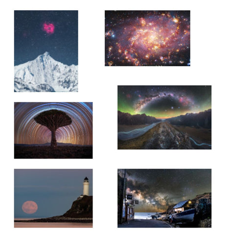 Collage of various night sky and landscape images.
