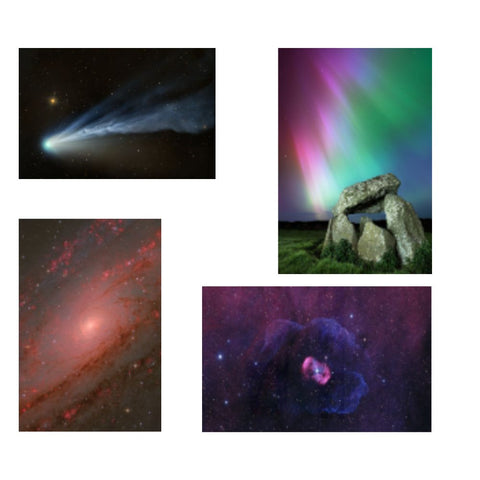 Collage of space-themed images including a comet, aurora borealis over stones, and nebulae.