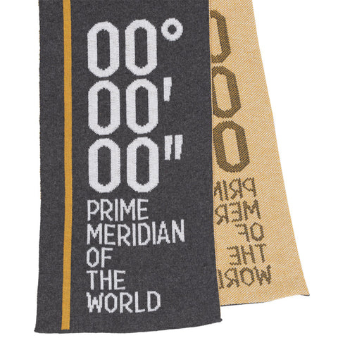 Grey scarf with white 'Prime Meridian' text and zeros on 