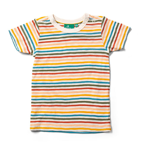 kid's t-shirt with blue, red, yellow and green horizontal stripes