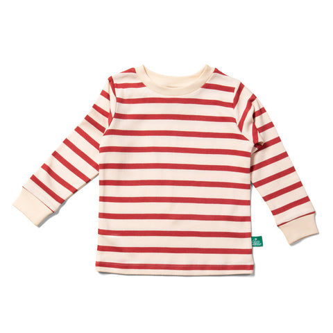 Red and white striped top.