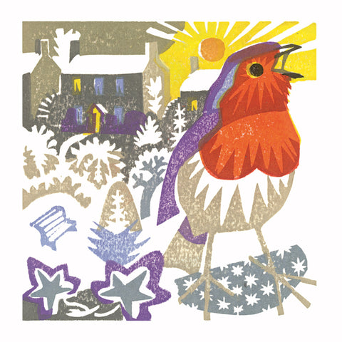 Colorful illustration of a bird in a snowy landscape with houses and a sun.