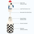 Checkered water bottle with character lid and labeled features 