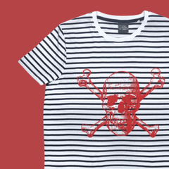 Black and white striped t shirt with red pirates skull and cross bone illustration on a read background