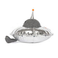 silver flying saucer plush toy with grey textured face and legs, side view