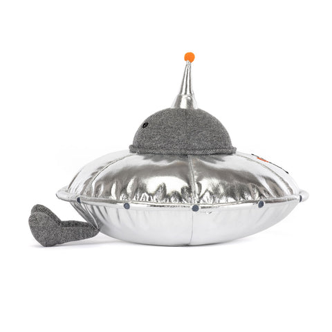 silver flying saucer plush toy with grey textured face and legs, side view