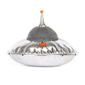 silver flying saucer plush toy with grey textured face and legs and stitched orange jellycat logo