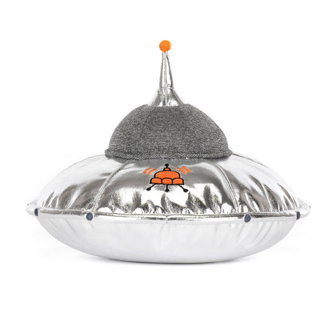 silver flying saucer plush toy with grey textured face and legs and stitched orange jellycat logo