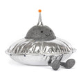 silver flying saucer plush toy with grey textured face and legs
