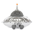 Toy resembling a silver UFO with a smiling face 