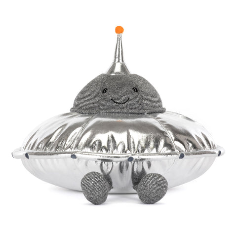 Toy resembling a silver UFO with a smiling face 