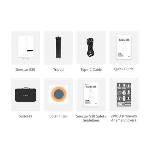 List of astronomy equipment and accessories with labels on a white background