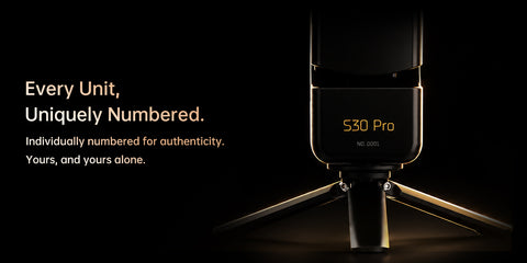 Seestar smart telescope with '530 Pro' branding on a dark background, featuring text about unit uniqueness.