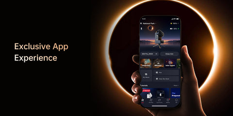 Hand holding a smartphone with an app interface against a dark background with a circular light effect