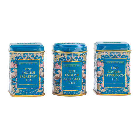 Set of three fine English teas in decorative tins