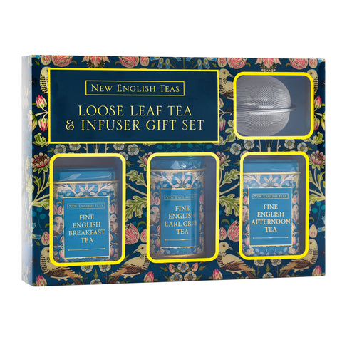 New English Teas loose leaf tea and infuser gift set packaging with floral design
