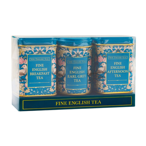 Set of three fine English teas in decorative tins