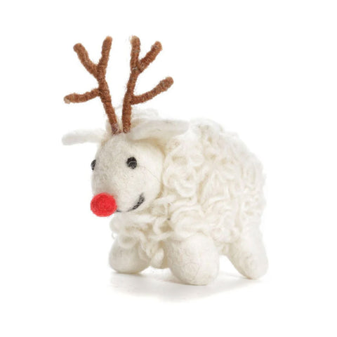 White felt and wooly sheep with red nose and brown reindeer-style antlers.