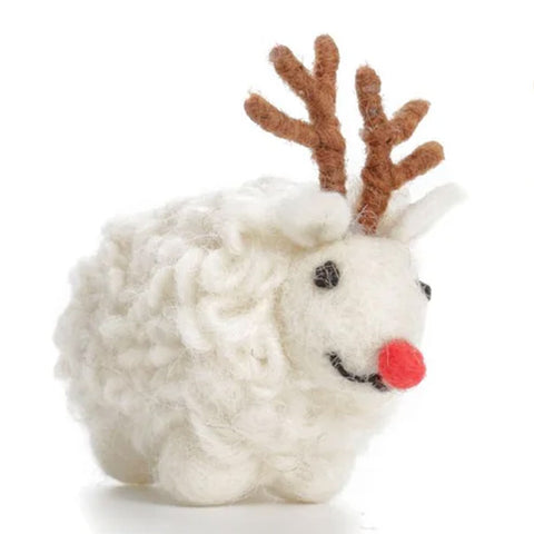 White felt and wooly sheep with red nose and brown reindeer-style antlers.