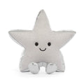 A silver star-shaped plush toy with a smiling face and small feet