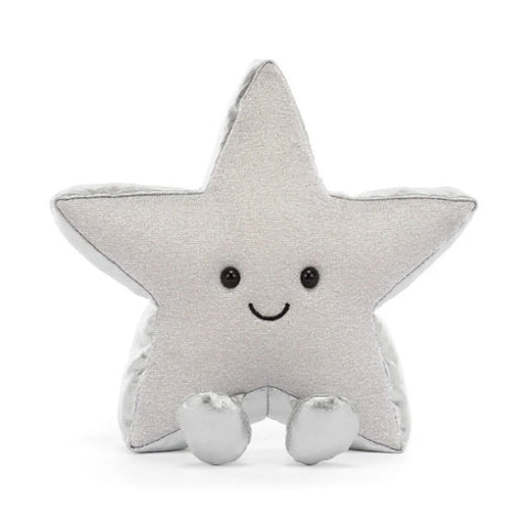 A silver star-shaped plush toy with a smiling face and small feet