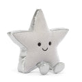 A silver glittery star-shaped plush toy with a cute embroidered smiley face and small feet