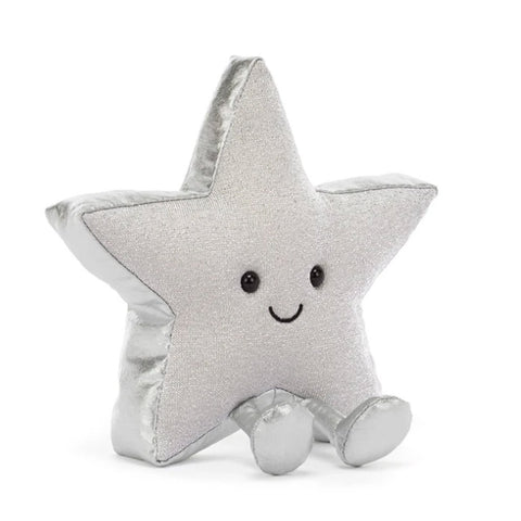A silver glittery star-shaped plush toy with a cute embroidered smiley face and small feet