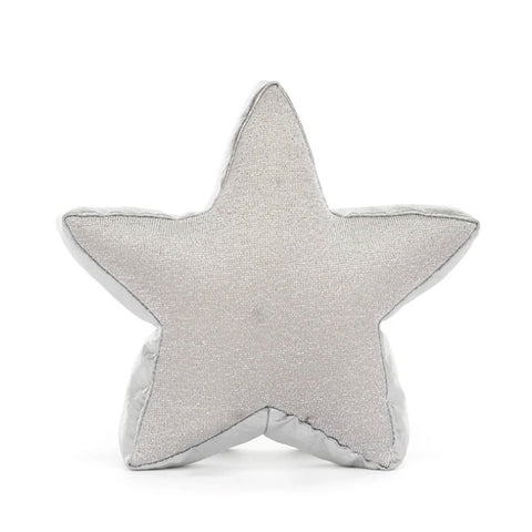 A star-shaped decorative plush toy in a textured light gray fabric.