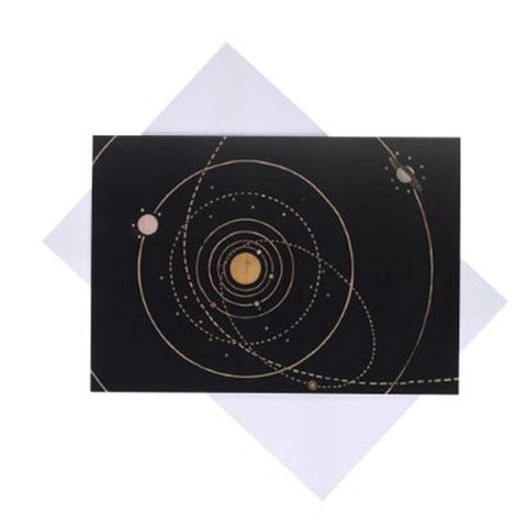 Black card with solar system illustration.