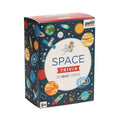 Space trivia quiz cards packaging with colorful space-themed design on a white background