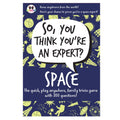 Space-themed trivia game cards with text and space-themed illustrations on a blue background