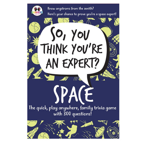 Space-themed trivia game cards with text and space-themed illustrations on a blue background