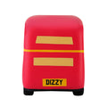 Red stress toy with yellow stripes and 'Dizzy' branding on 
