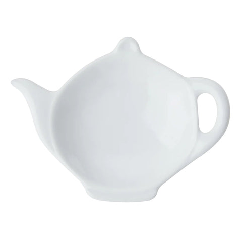 White porcelain teabag tidy in the shape of a teapot.  