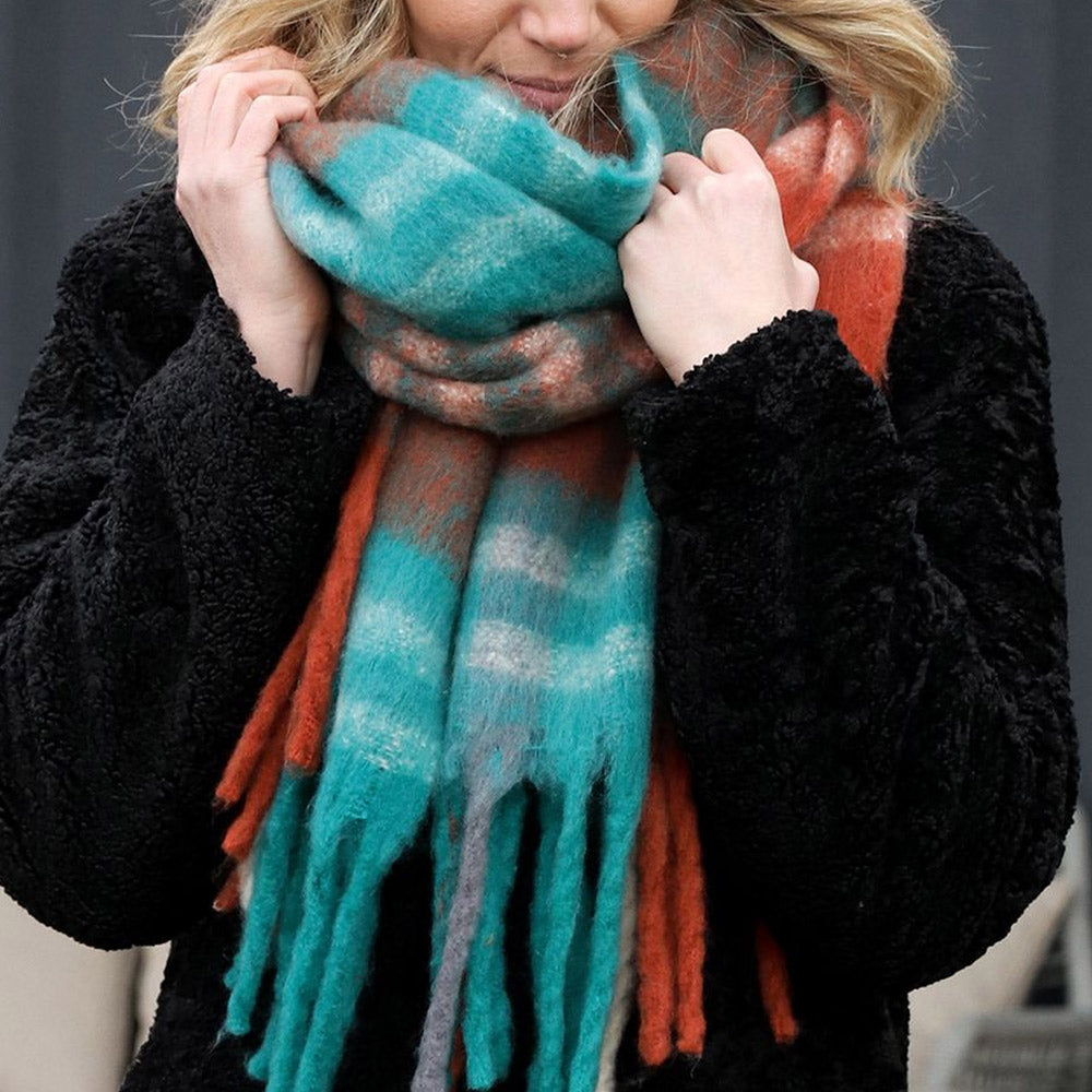 Teal and Rust Large Check Blanket Scarf - 